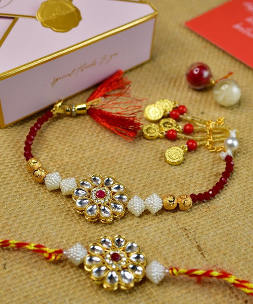 Sowpeace Exquisite Red Centre Flower Rakhi Pack of 1 with Roli Chawal and Greeting card combo for Raksha Bandhan and Gifting