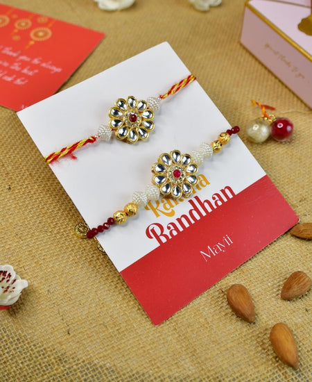 Sowpeace Exquisite Red Centre Flower Rakhi Pack of 1 with Roli Chawal and Greeting card combo for Raksha Bandhan and Gifting