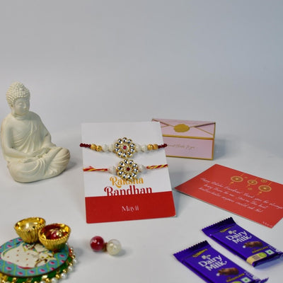 Sowpeace Exquisite Red Centre Flower Rakhi Pack of 1 with Roli Chawal Thali, Chocolates, Buddha and Greeting card combo for Raksha Bandhan and Gifting