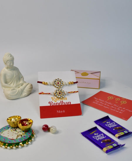 Sowpeace Exquisite Red Centre Flower Rakhi Pack of 1 with Roli Chawal Thali, Chocolates, Buddha and Greeting card combo for Raksha Bandhan and Gifting