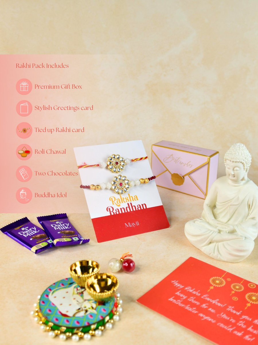 Sowpeace Exquisite Red Centre Flower Rakhi Pack of 1 with Roli Chawal Thali, Chocolates, Photo Frame and Greeting card combo for Raksha Bandhan and Gifting - Rakhi - Sowpeace - Sowpeace Exquisite Red Centre Flower Rakhi Pack of 1 with Roli Chawal Thali, Chocolates, Photo Frame and Greeting card combo for Raksha Bandhan and Gifting - RAK - CRFL - HND - P6 - Sowpeace