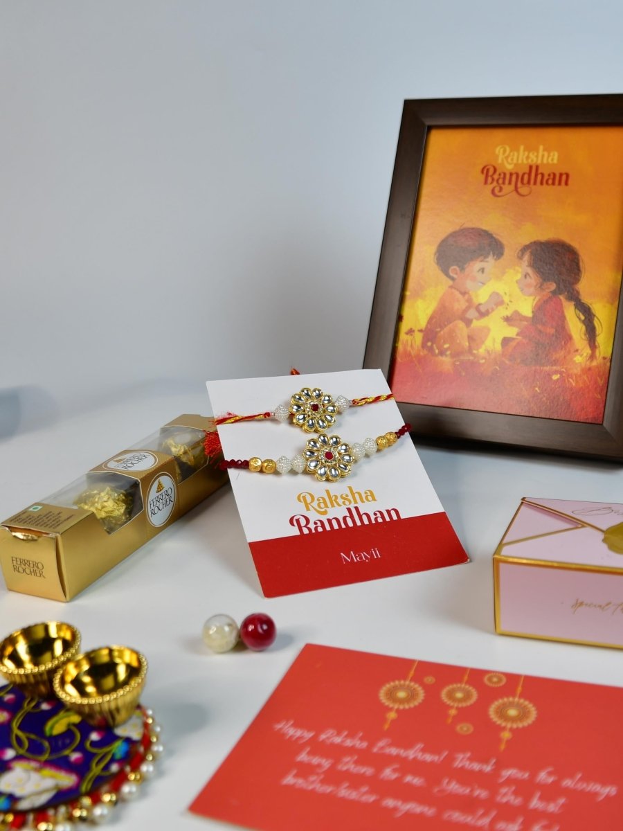 Sowpeace Exquisite Red Centre Flower Rakhi Pack of 1 with Roli Chawal Thali, Chocolates, Photo Frame and Greeting card combo for Raksha Bandhan and Gifting - Rakhi - Sowpeace - Default Title - RAK - CRFL - HND - P6 - Sowpeace