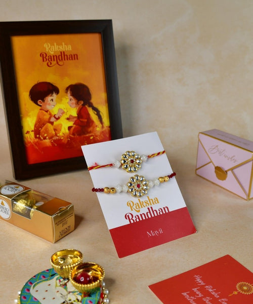 Sowpeace Exquisite Red Centre Flower Rakhi Pack of 1 with Roli Chawal Thali, Chocolates, Photo Frame and Greeting card combo for Raksha Bandhan and Gifting
