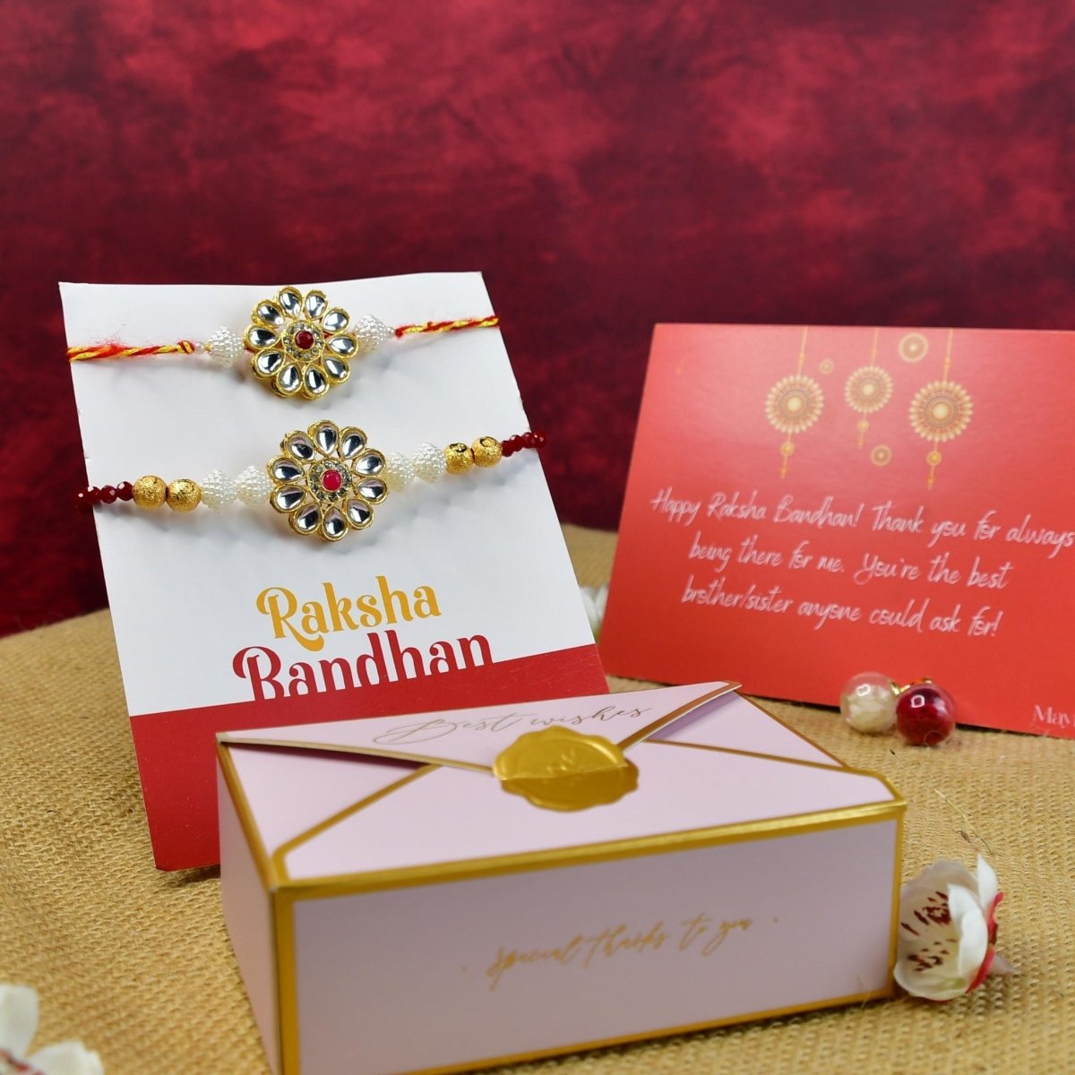 Sowpeace Exquisite Red Centre Flower Rakhi Pack of 2 with Roli Chawal and Greeting card combo for Raksha Bandhan and Gifting - Sowpeace - 