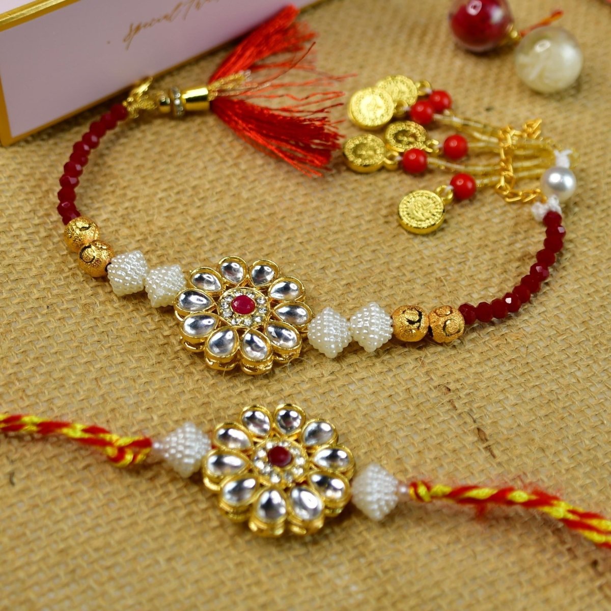 Sowpeace Exquisite Red Centre Flower Rakhi Pack of 2 with Roli Chawal and Greeting card combo for Raksha Bandhan and Gifting - Sowpeace - 