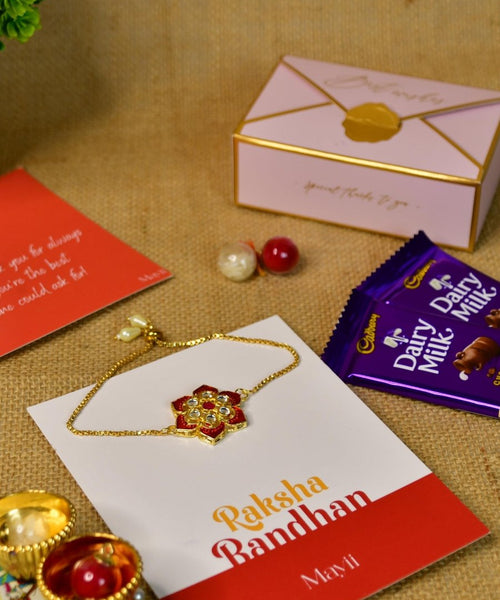Sowpeace Exquisite Red Flower Rakhi Pack of 1 with Roli Chawal Thali, Chocolates, and Greeting card combo for Raksha Bandhan and Gifting