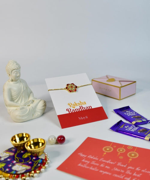 Sowpeace Exquisite Red Flower Rakhi Pack of 1 with Roli Chawal Thali, Chocolates, Buddha and Greeting card combo for Raksha Bandhan and Gifting