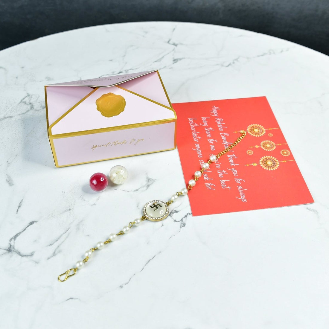 Sowpeace Exquisite Swastik Rakhi Pack of 1 with Roli Chawal and Greeting card combo for Raksha Bandhan and Gifting - Sowpeace - 