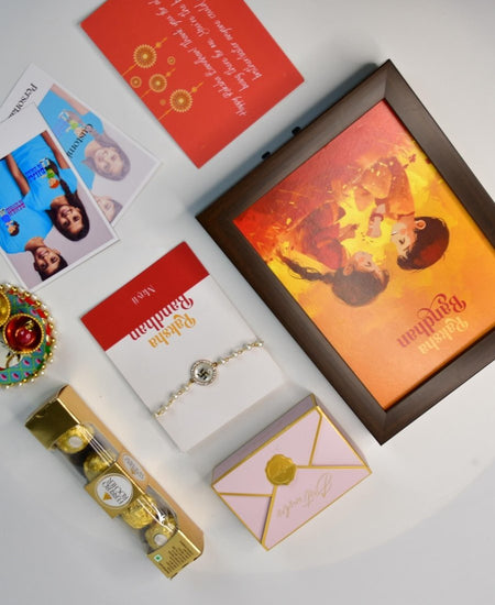 Sowpeace Exquisite Swastik Rakhi Pack of 1 with Roli Chawal Thali, Chocolates, Photo Frame, Poloroids and Greeting card combo for Raksha Bandhan and Gifting