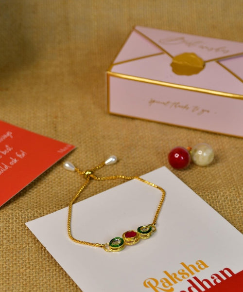 Sowpeace Exquisite Tri Red Green Rakhi Pack of 1 with Roli Chawal and Greeting card combo for Raksha Bandhan and Gifting