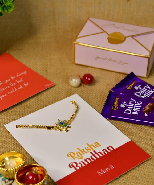 Sowpeace Exquisite Turtle Rakhi Pack of 1 with Roli Chawal Thali, Chocolates, and Greeting card combo for Raksha Bandhan and Gifting