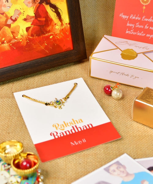 Sowpeace Exquisite Turtle Rakhi Pack of 1 with Roli Chawal Thali, Chocolates, Photo Frame, Poloroids and Greeting card combo for Raksha Bandhan and Gifting