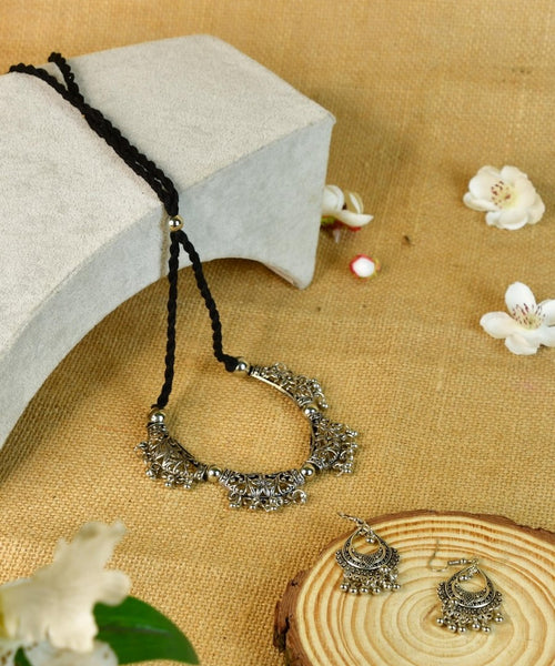 Sowpeace German Silver Choker: Floral Trapeziums & Water Drop Earrings