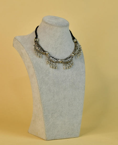 Sowpeace German Silver Choker: Floral Trapeziums & Water Drop Earrings