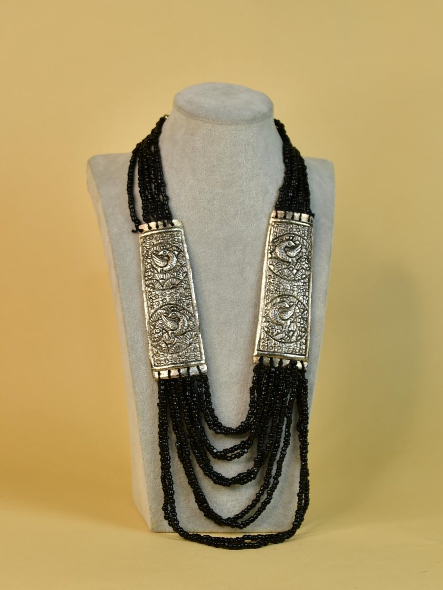 Sowpeace German Silver Necklace: Peacock Art on Metal with Black Beads - Necklace - SOWPEACE - Sowpeace German Silver Necklace: Peacock Art on Metal with Black Beads - Flow - Neck - GS - AMP - Sowpeace