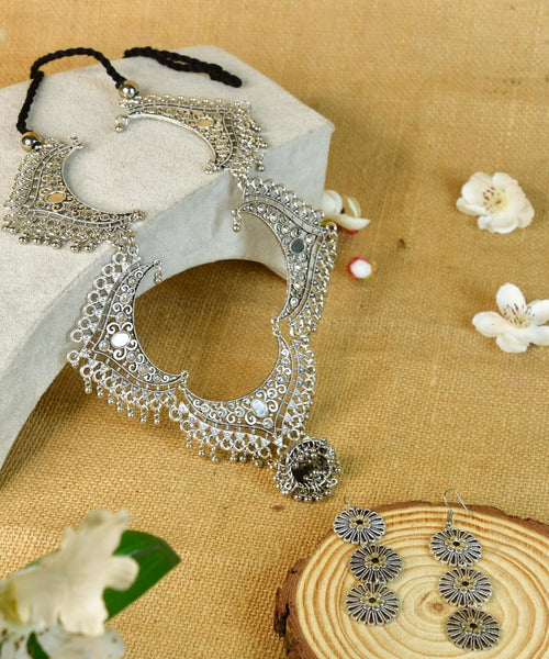 Sowpeace Handcrafted German Silver Necklace: Oxidized Floral Petal