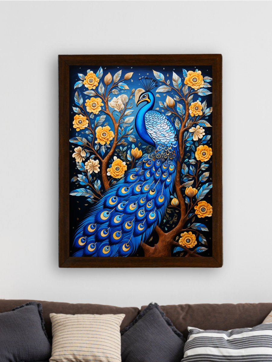 Sowpeace Serenity: Handcrafted Peacock's Tranquil Aura – Premium Indian - Inspired Canvas Art for Elegant Home Decor - Wall painting - Chitran by sowpeace - Sowpeace Serenity: Handcrafted Peacock's Tranquil Aura – Premium Indian - Inspired Canvas Art for Elegant Home Decor - Sowpeace