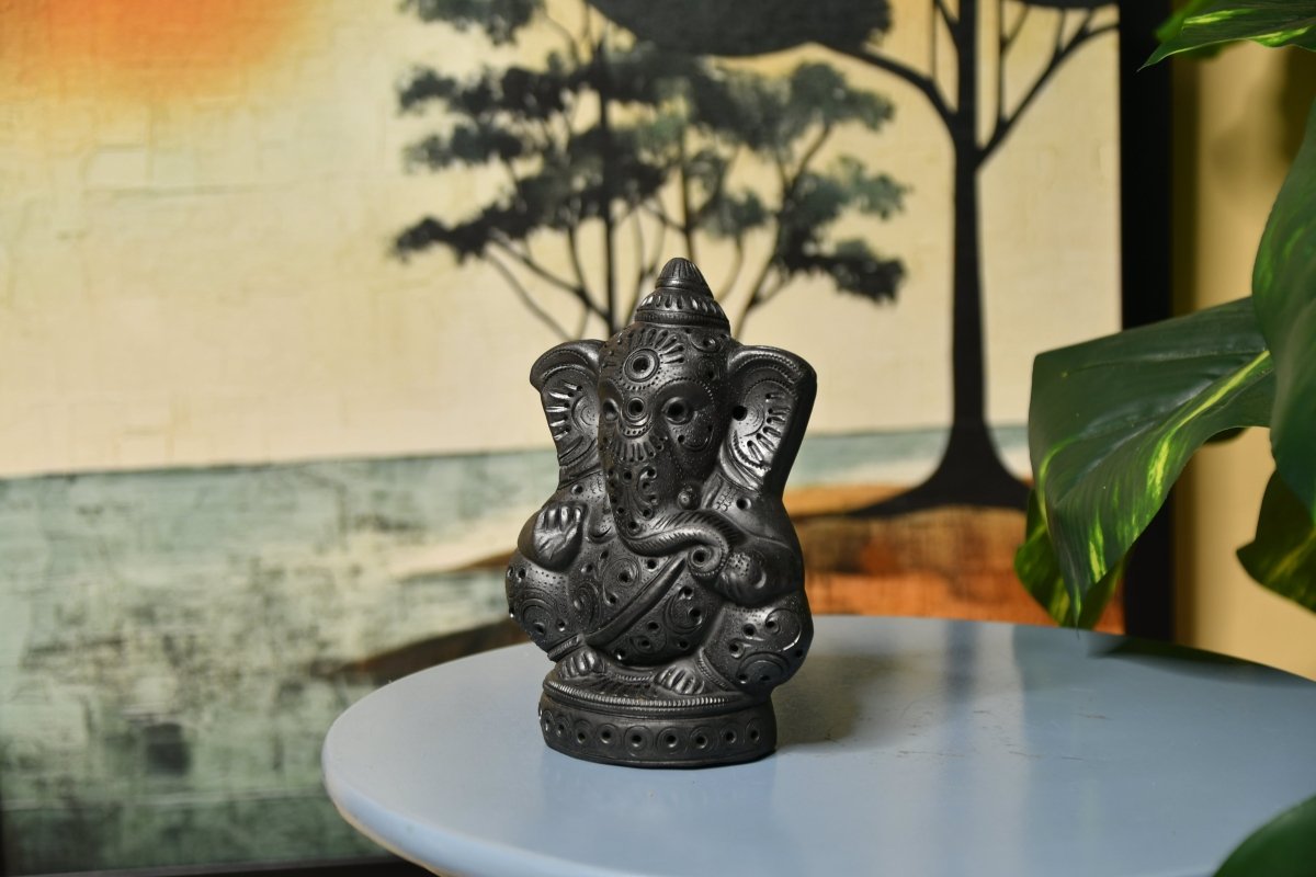 Black Terracotta Ganesh: Dafli Tabletop Decor -decor-Sowpeace-Black Terracotta Ganesh: Dafli Tabletop Decor-Terr-bter-TT-GGB-Sowpeace