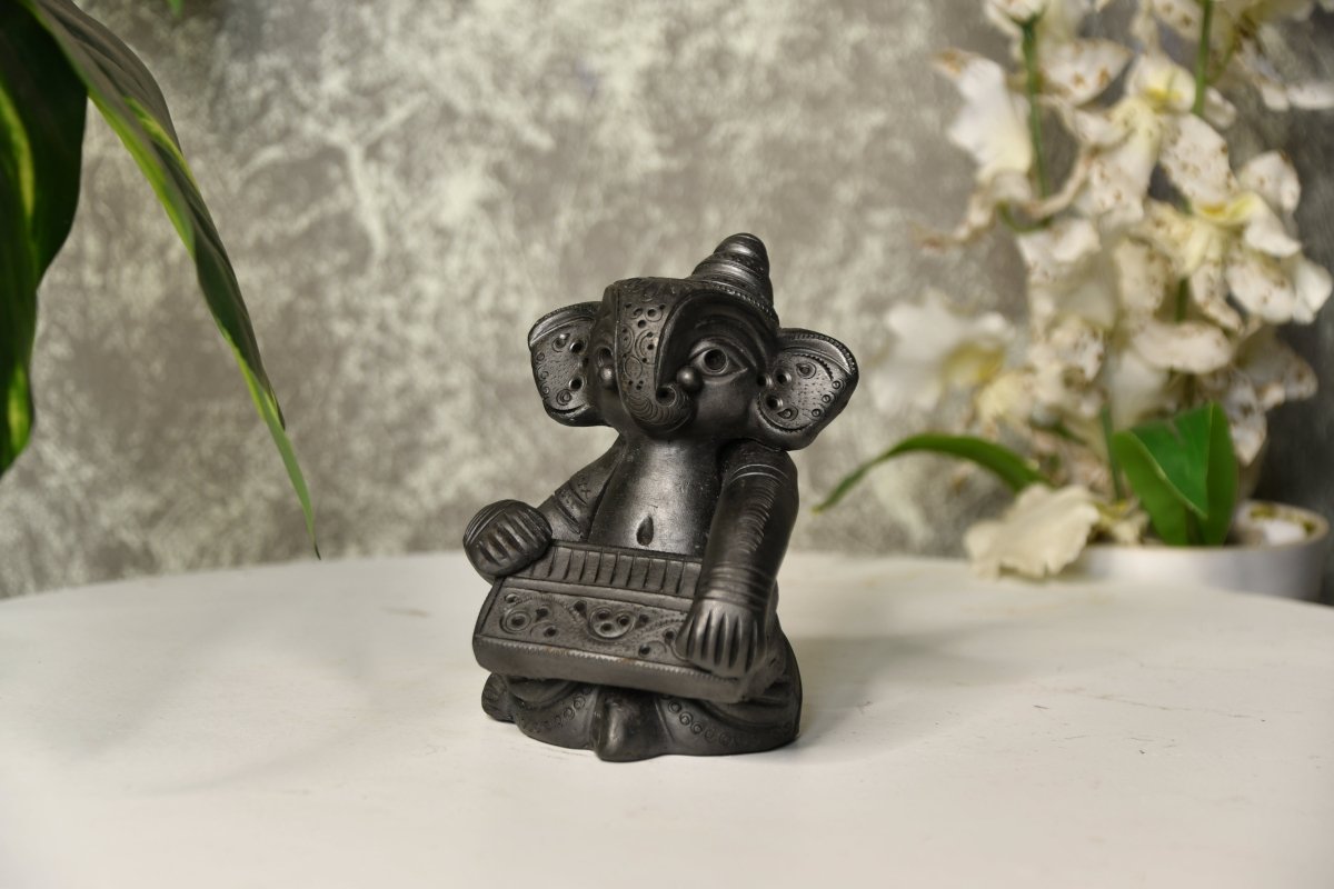 Black Terracotta Ganesh: Dafli Tabletop Decor -decor-Sowpeace-Black Terracotta Ganesh: Dafli Tabletop Decor-Terr-bter-TT-GHP-Sowpeace