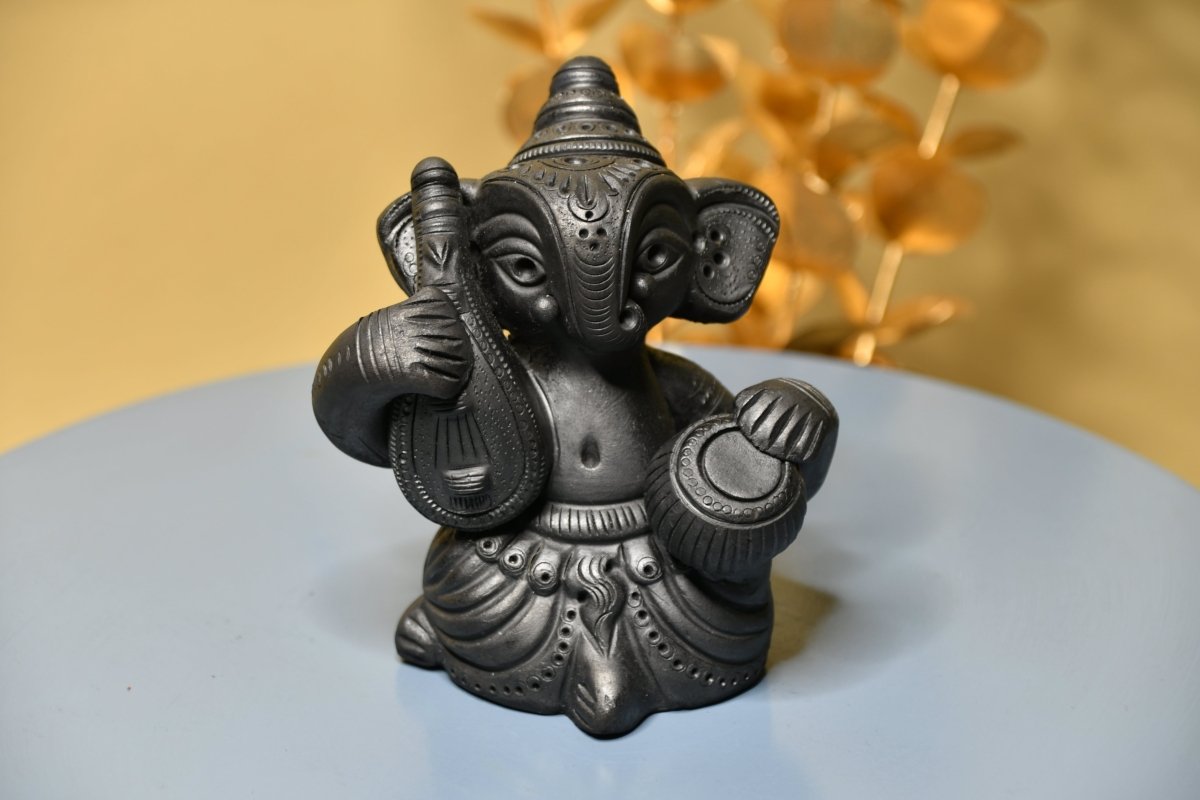 Black Terracotta Ganesh: Dafli Tabletop Decor -decor-Sowpeace-Black Terracotta Ganesh: Dafli Tabletop Decor-Terr-bter-TT-GST-Sowpeace