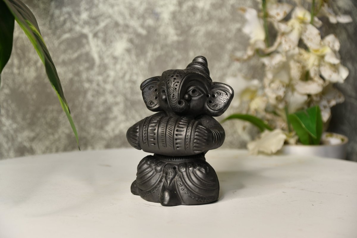 Black Terracotta Ganesh: Dafli Tabletop Decor -decor-Sowpeace-Black Terracotta Ganesh: Dafli Tabletop Decor-Terr-bter-TT-GTP-Sowpeace
