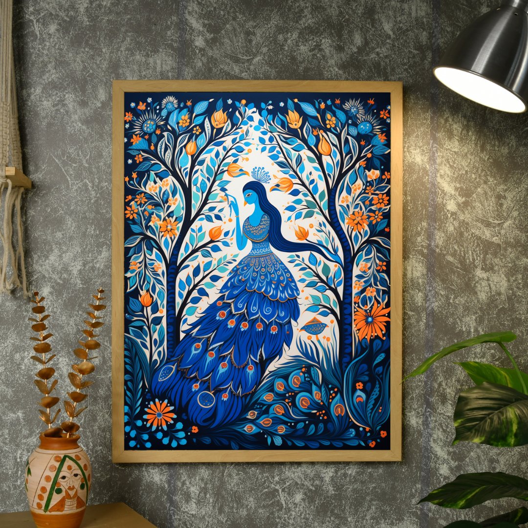 Blue Womcock Tree Aura: Artisan Canvas Wall Decor -Wall painting-Chitran by sowpeace-Blue Womcock Tree Aura: Artisan Canvas Wall Decor-CH-WRT-MWPB-Sowpeace