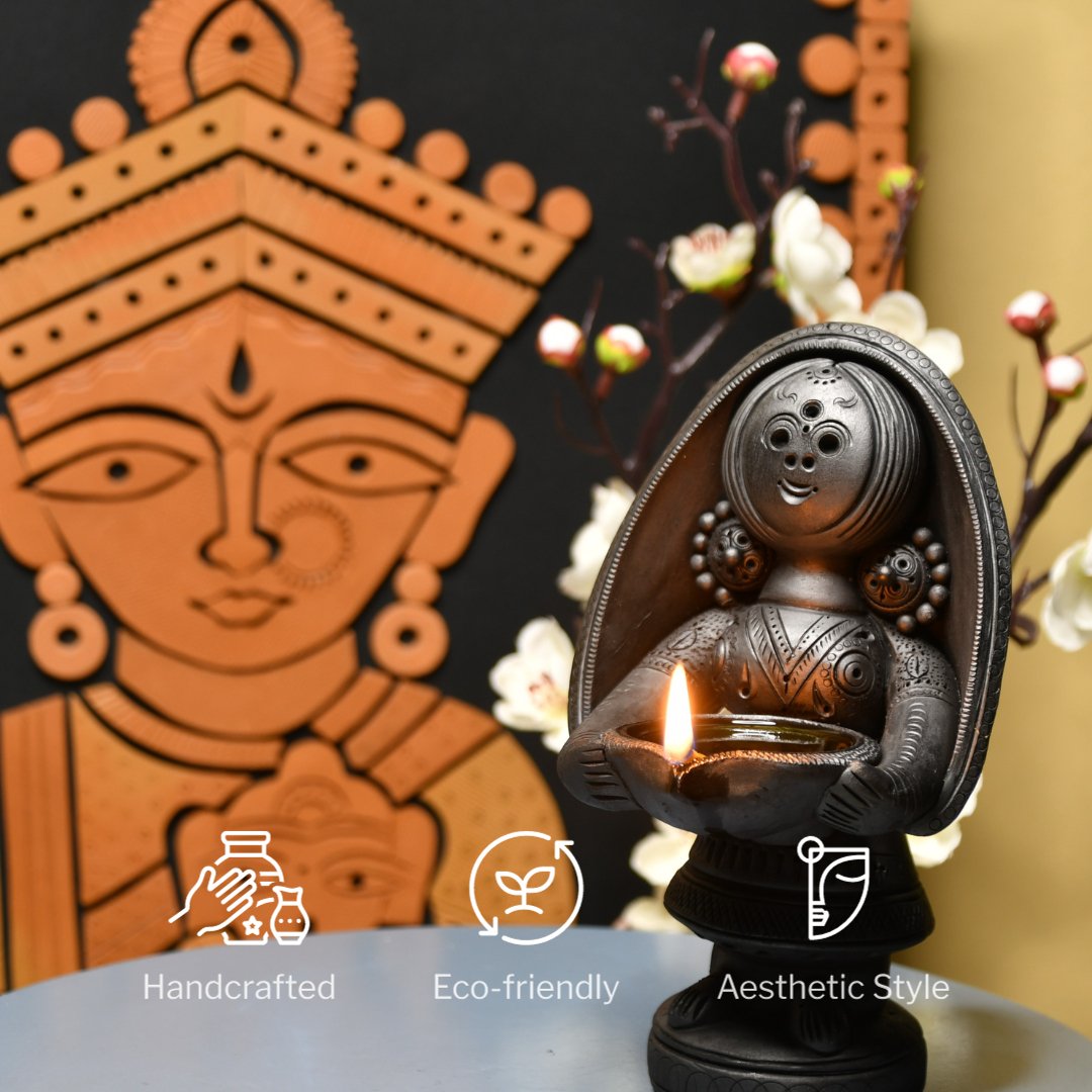 Elegant Diya Holding Terracotta Lady -decor-Sowpeace-Elegant Diya Holding Terracotta Lady-Terr-bter-TT-WWD-Sowpeace