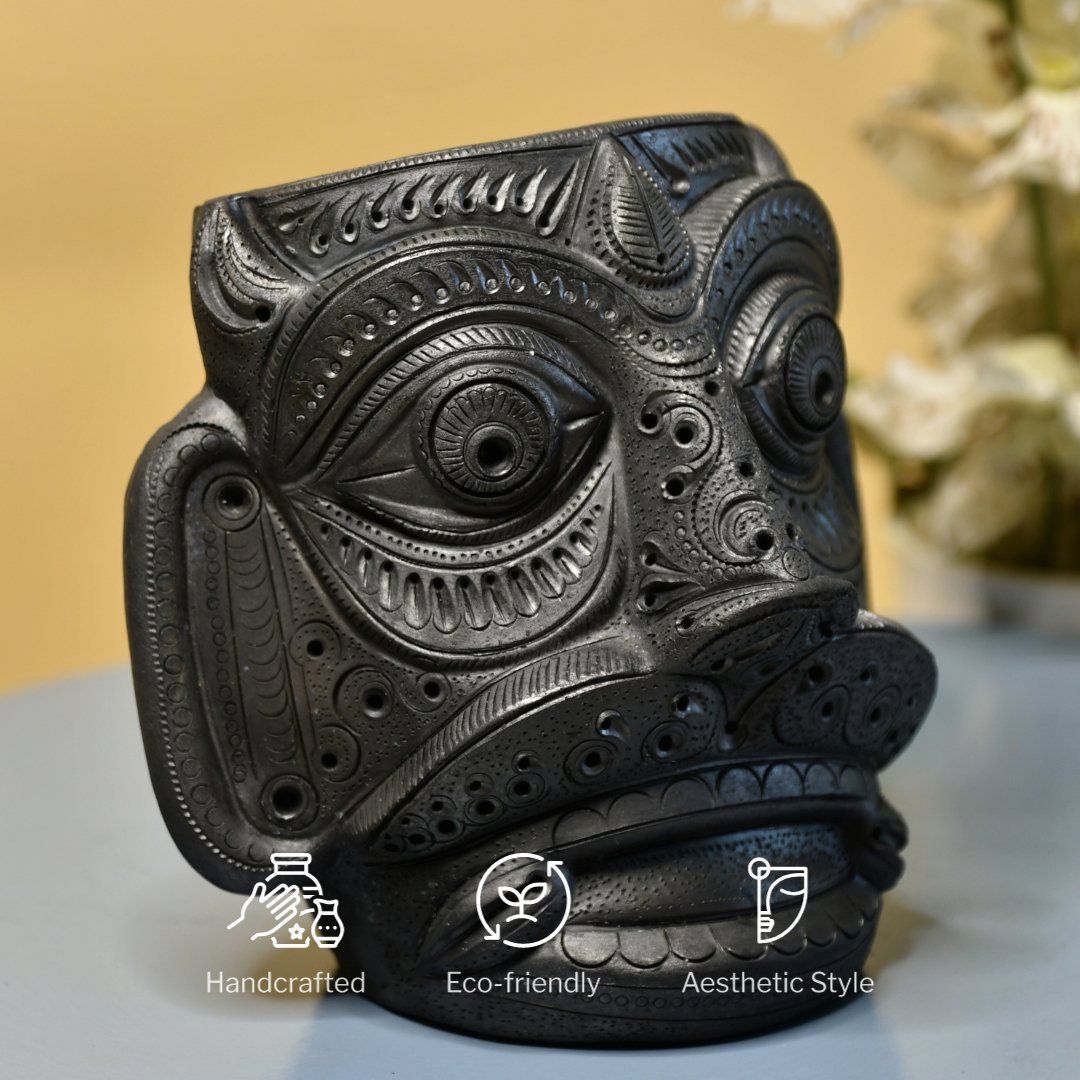 Unique Black Terracotta Asur Mask with Vase - Artisan Home Décor