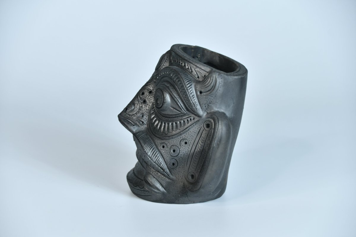 Unique Black Terracotta Asur Mask with Vase - Artisan Home Décor