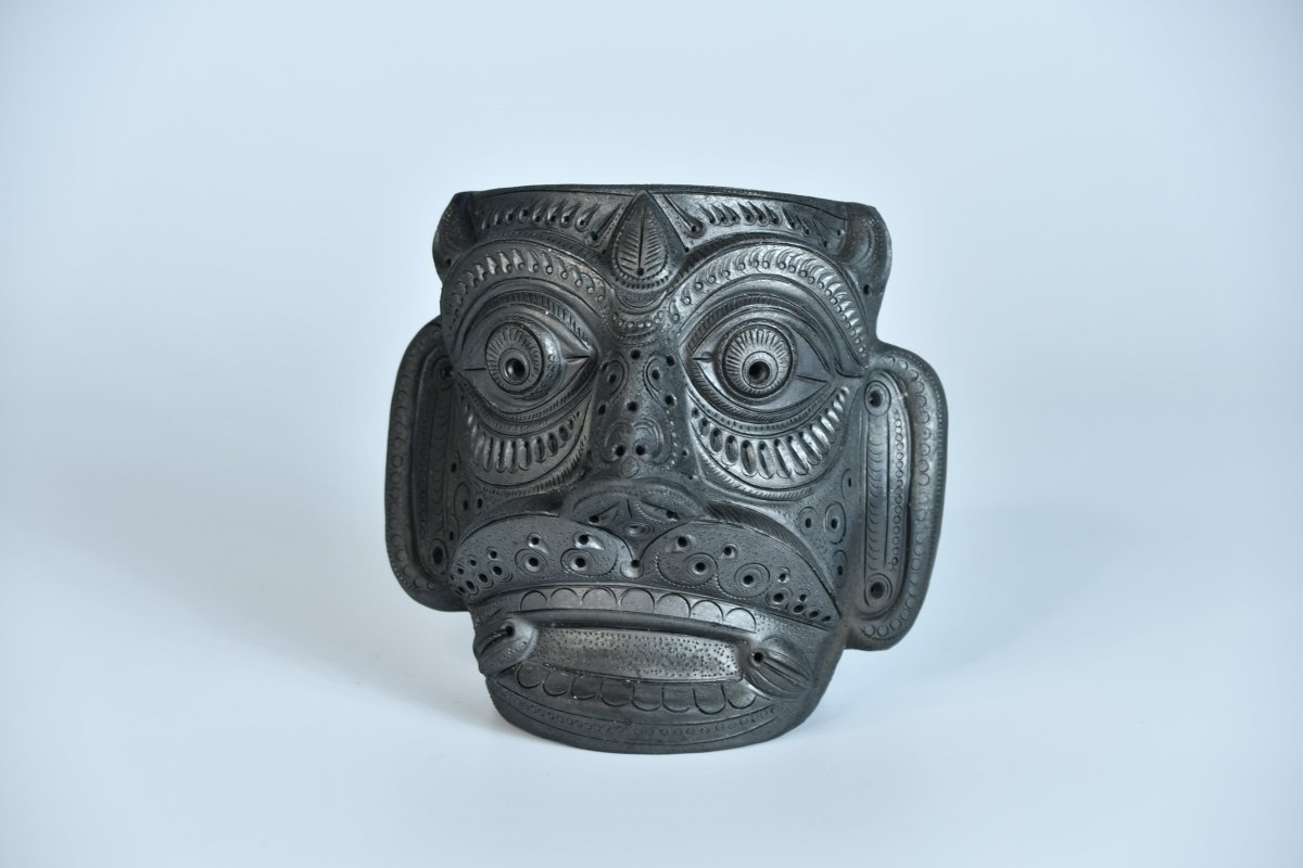 Unique Black Terracotta Asur Mask with Vase - Artisan Home Décor