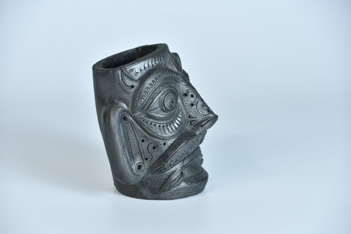 Unique Black Terracotta Asur Mask with Vase - Artisan Home Décor