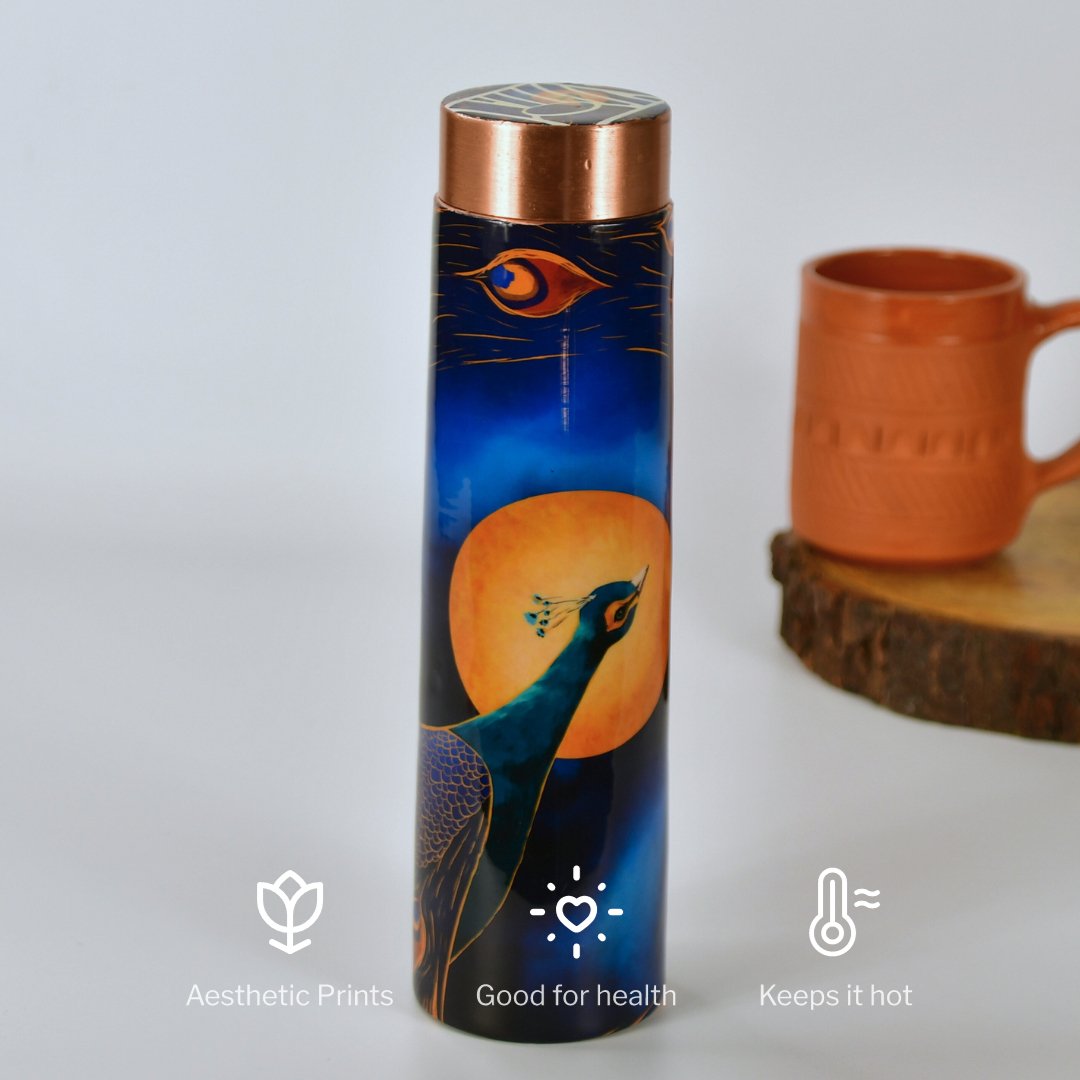 Lunar-themed bottle with peacock motif --Sowpeace-Lunar-themed bottle with peacock motif-Copp/Uten/Copp/CBPM-Sowpeace