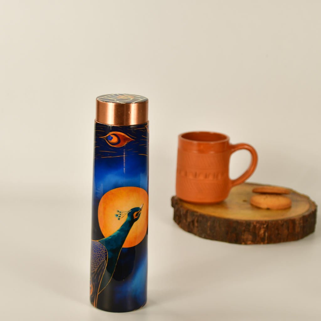 Lunar-themed bottle with peacock motif --Sowpeace-Lunar-themed bottle with peacock motif-Copp/Uten/Copp/CBPM-Sowpeace